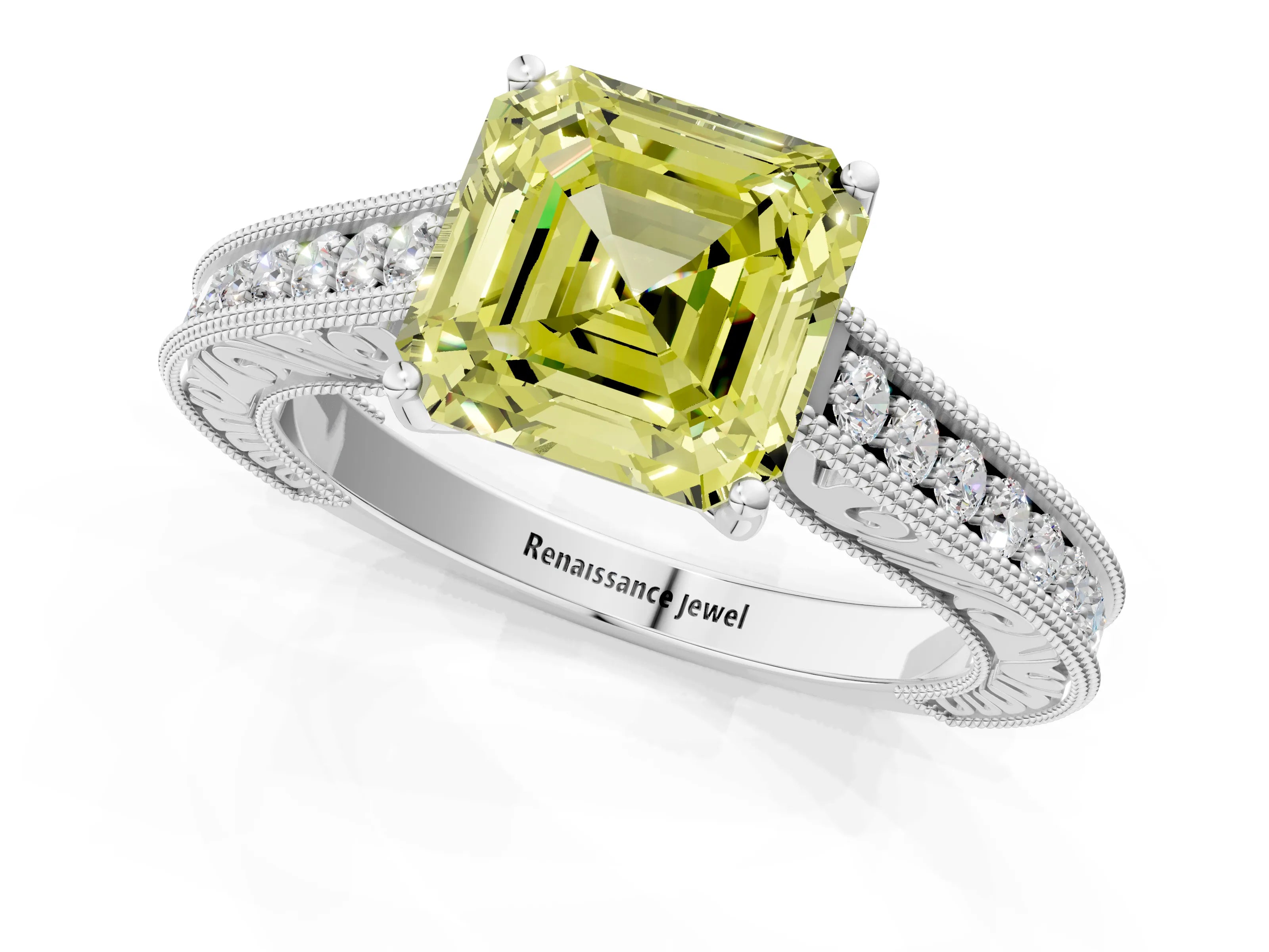White gold Fancy Yellow Asscher Cut Cut Pave Band Milgrain Solitaire Ring_1