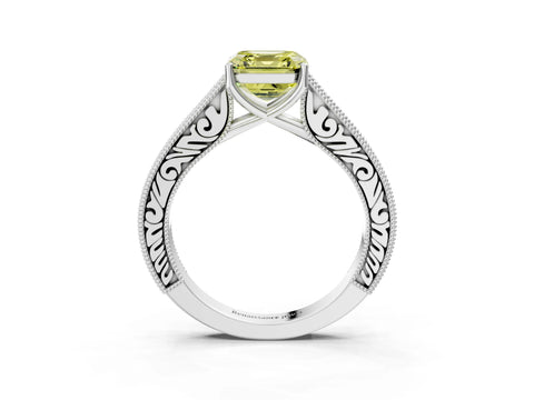 White gold Fancy Yellow Asscher Cut Cut Pave Band Milgrain Solitaire Ring_3