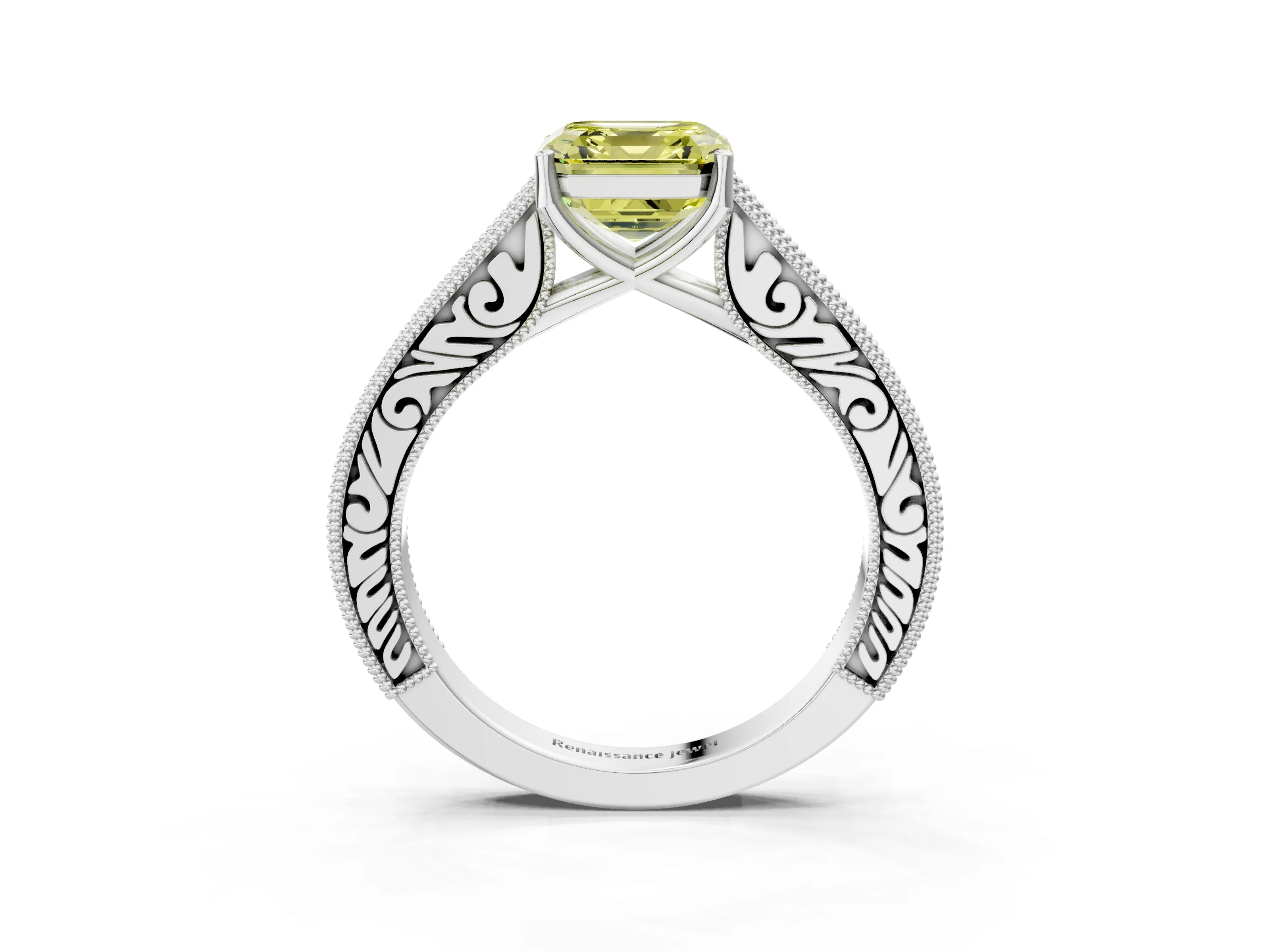 White gold Fancy Yellow Asscher Cut Cut Pave Band Milgrain Solitaire Ring_3