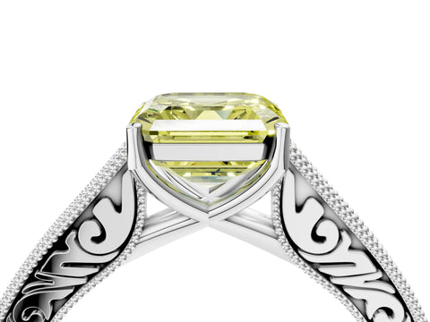White gold Fancy Yellow Asscher Cut Cut Pave Band Milgrain Solitaire Ring_4