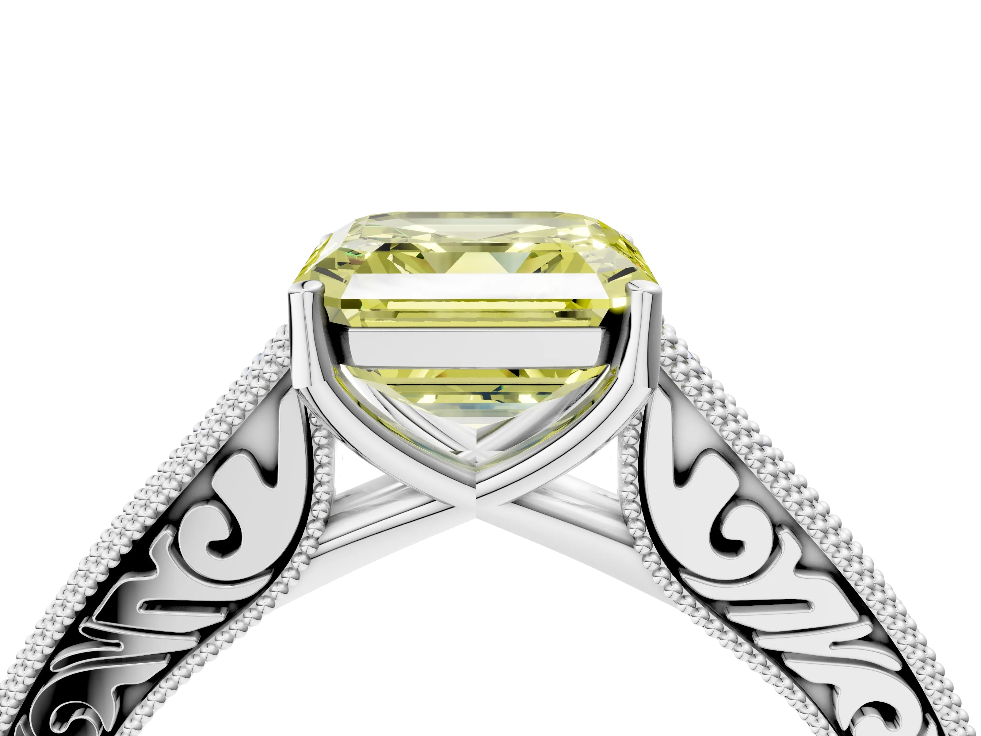 White gold Fancy Yellow Asscher Cut Cut Pave Band Milgrain Solitaire Ring_4