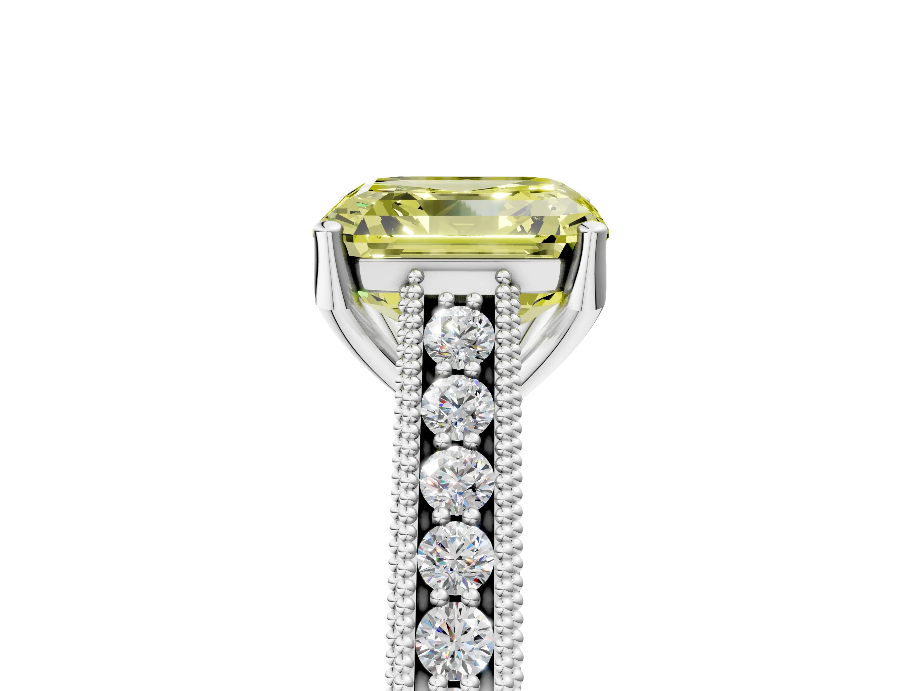 White gold Fancy Yellow Asscher Cut Cut Pave Band Milgrain Solitaire Ring_5