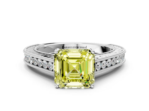 White gold Fancy Yellow Asscher Cut Cut Pave Band Milgrain Solitaire Ring