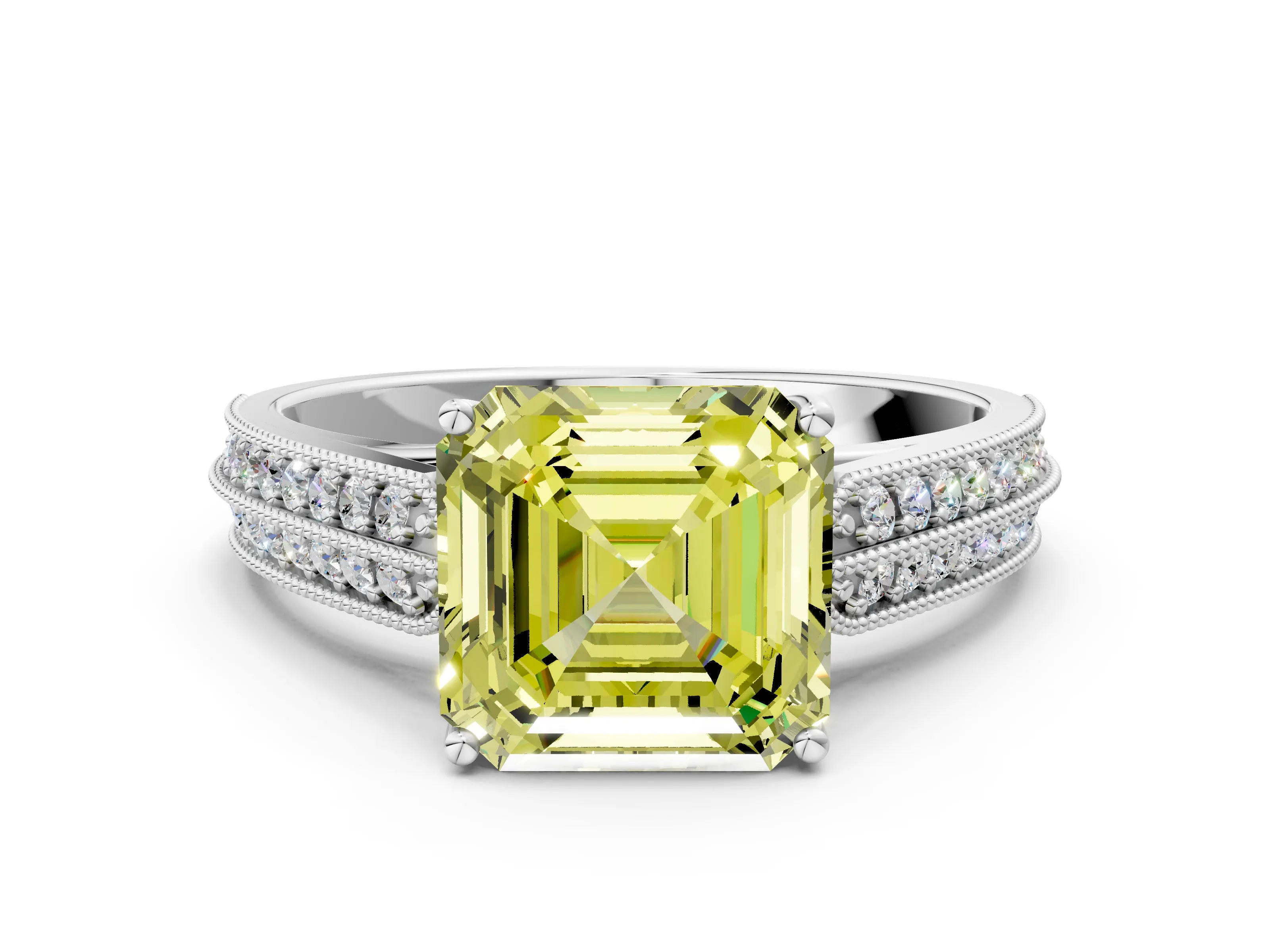 White gold Fancy Yellow Asscher Cut Cut Pave Split Shank Engagement Ring with Four-Prong Setting_12