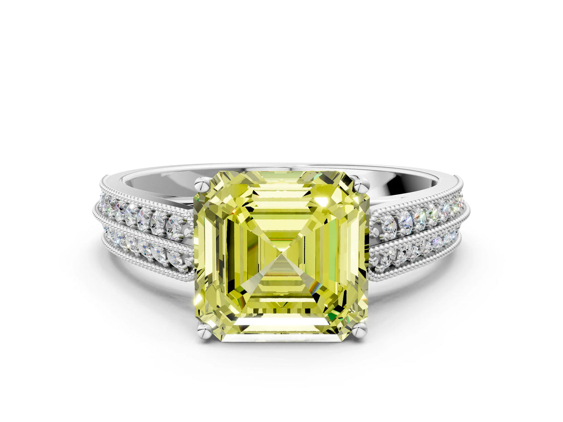 White gold Fancy Yellow Asscher Cut Cut Pave Split Shank Engagement Ring with Four-Prong Setting_12