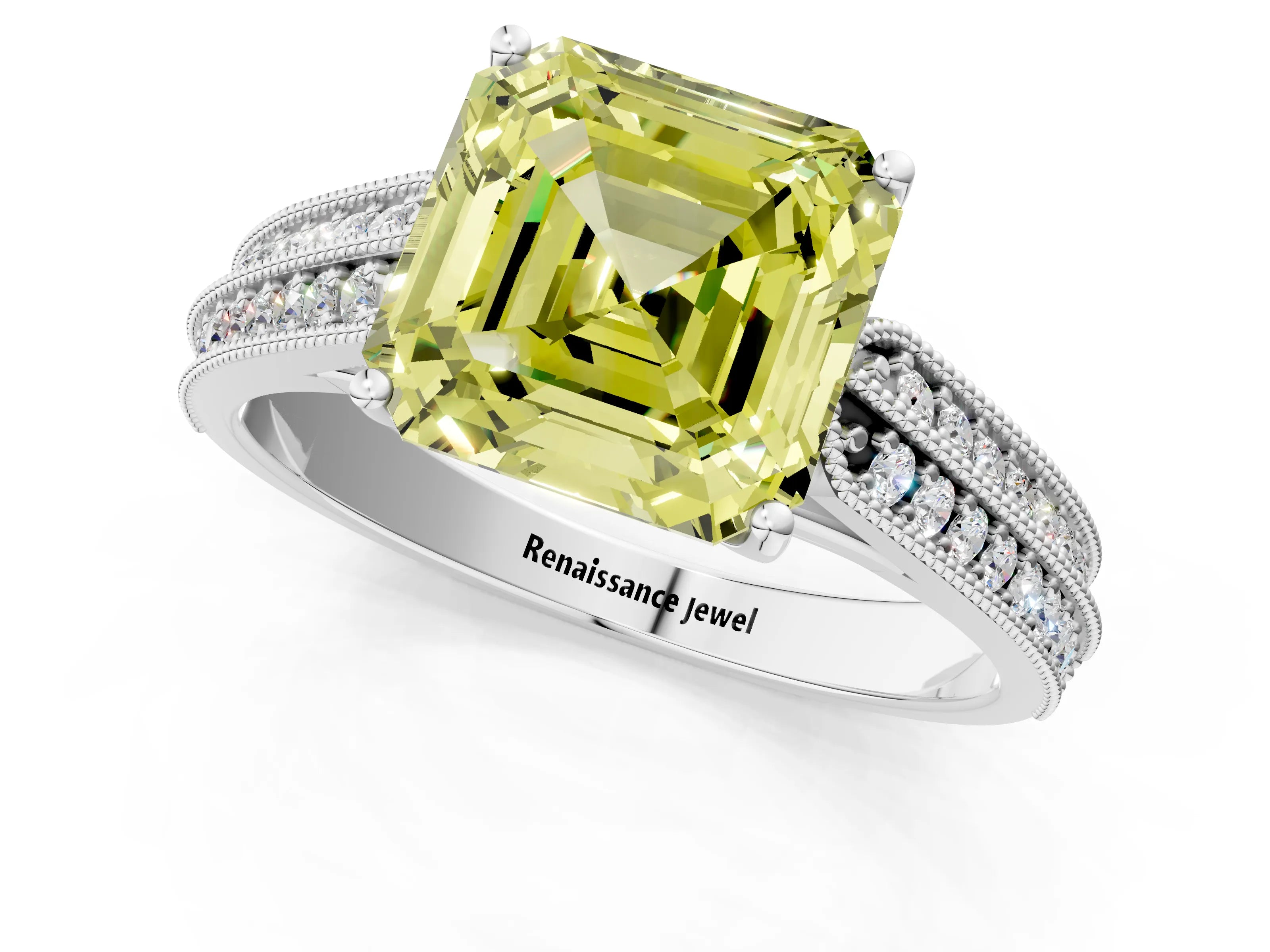 White gold Fancy Yellow Asscher Cut Cut Pave Split Shank Engagement Ring with Four-Prong Setting_13