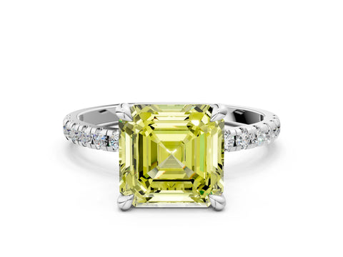 White gold Fancy Yellow Asscher Cut Diamond Brilliant Solitaire Ring with Pavé Band and Four-Prong Setting