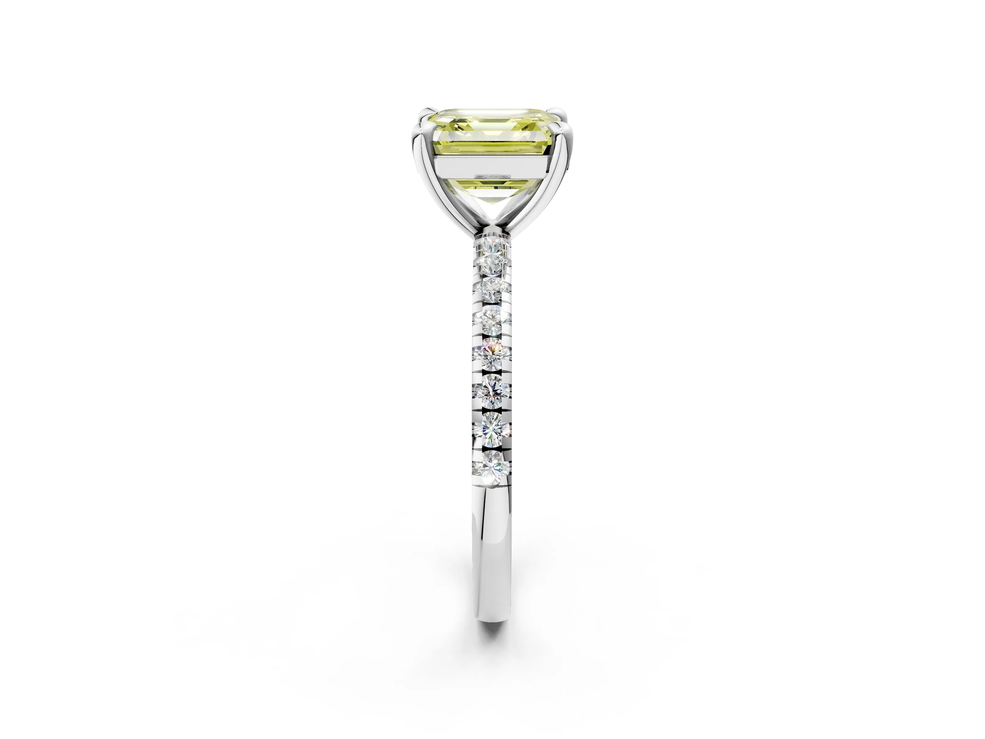 White gold Fancy Yellow Asscher Cut Diamond Brilliant Solitaire Ring with Pavé Band and Four-Prong Setting_2
