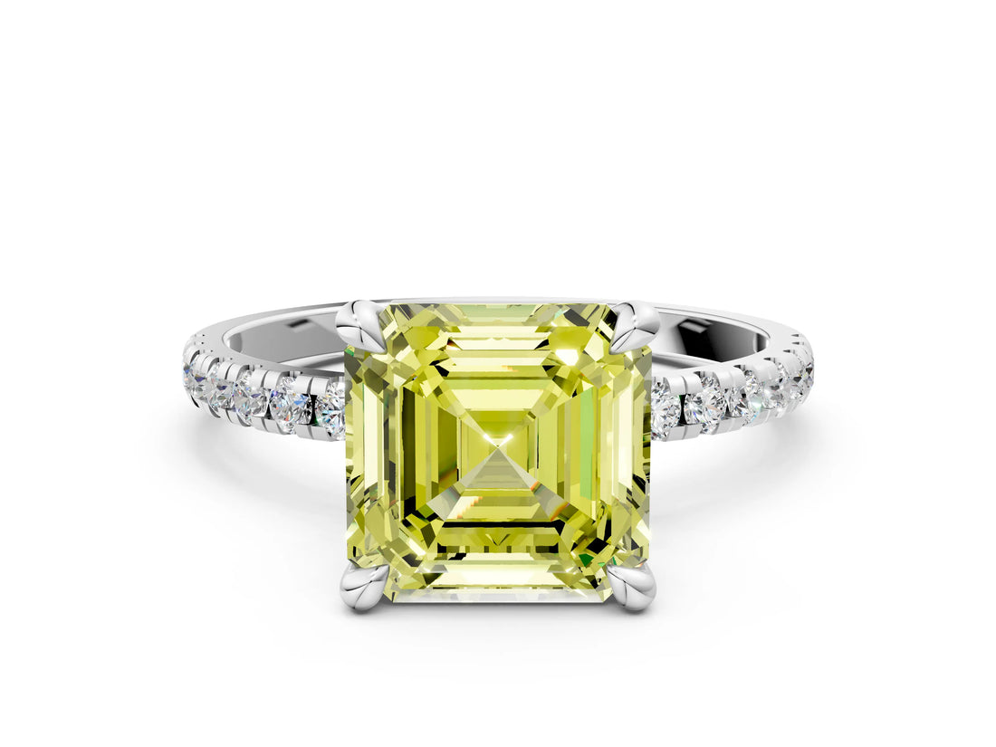 White gold Fancy Yellow Asscher Cut Diamond Brilliant Solitaire Ring with Pavé Band and Four-Prong Setting_24