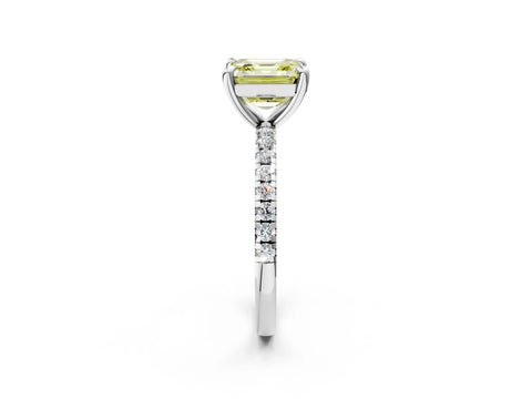 White gold Fancy Yellow Asscher Cut Diamond Brilliant Solitaire Ring with Pavé Band and Four-Prong Setting_2
