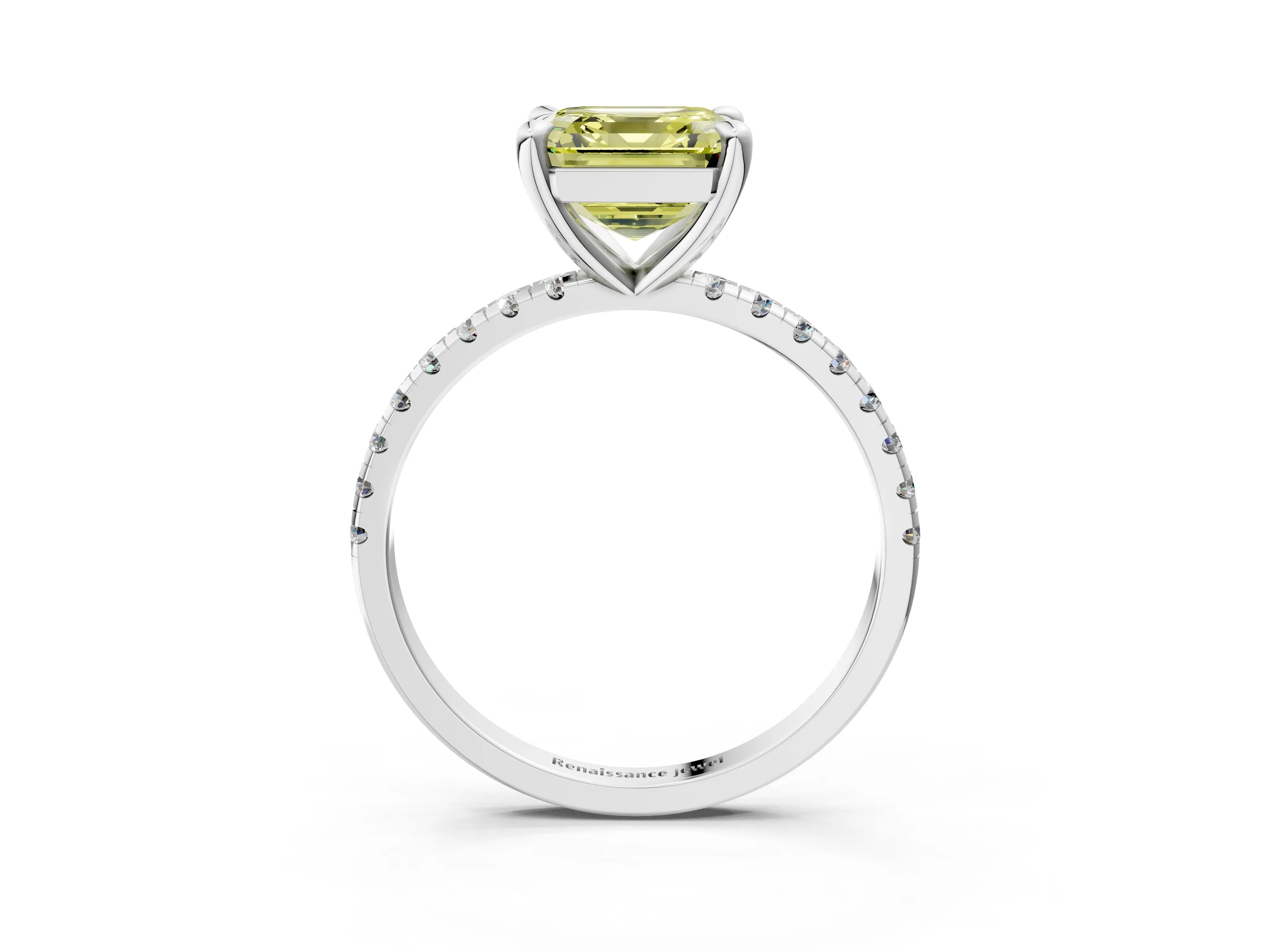 White gold Fancy Yellow Asscher Cut Diamond Brilliant Solitaire Ring with Pavé Band and Four-Prong Setting_3