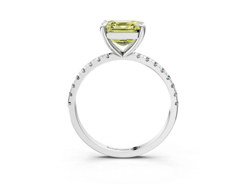 White gold Fancy Yellow Asscher Cut Diamond Brilliant Solitaire Ring with Pavé Band and Four-Prong Setting_3