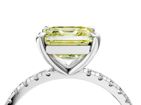 White gold Fancy Yellow Asscher Cut Diamond Brilliant Solitaire Ring with Pavé Band and Four-Prong Setting_4