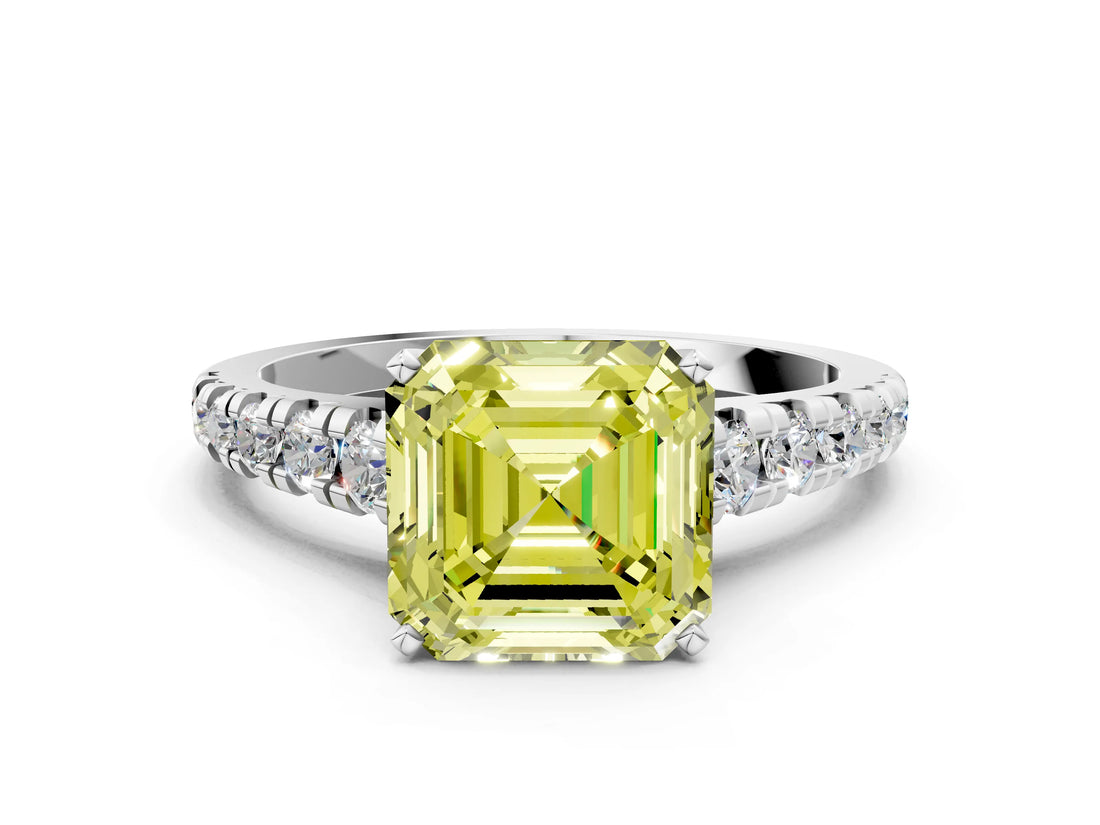White gold Fancy Yellow Asscher Cut Diamond Cathedral Solitaire Ring with Round  Pavé Band_109