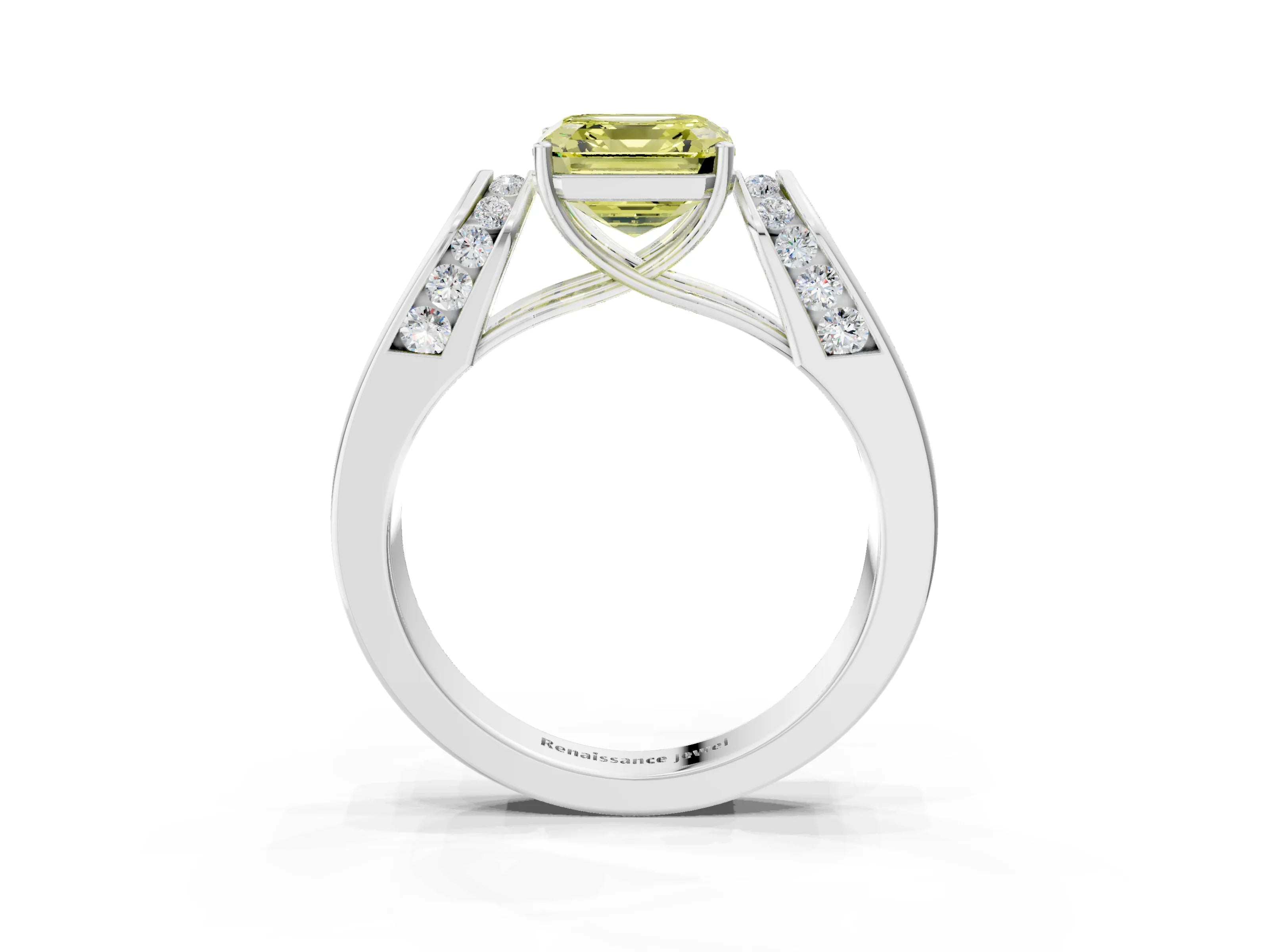 White gold Fancy Yellow Asscher Cut Diamond Channel Set Solitaire Ring with Four-Prong Setting_41