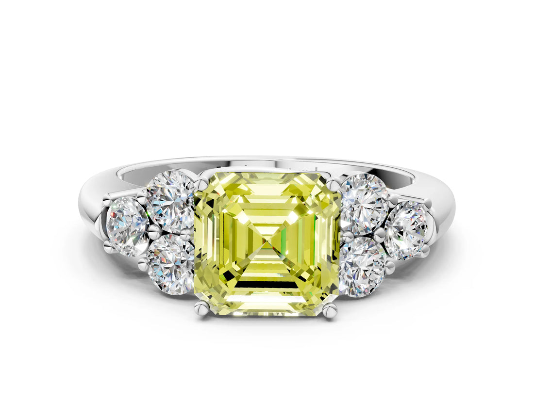 White gold Fancy Yellow Asscher  Cut Diamond Cluster Ring with Round Accent Stones and Prong Setting on a Classic Band_46