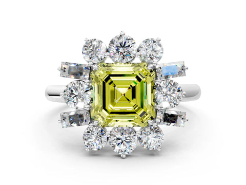 White gold Fancy Yellow Asscher Cut Diamond Cluster Ring with Round and Baguette Stones, Split Shank Band, Prong Setting_12