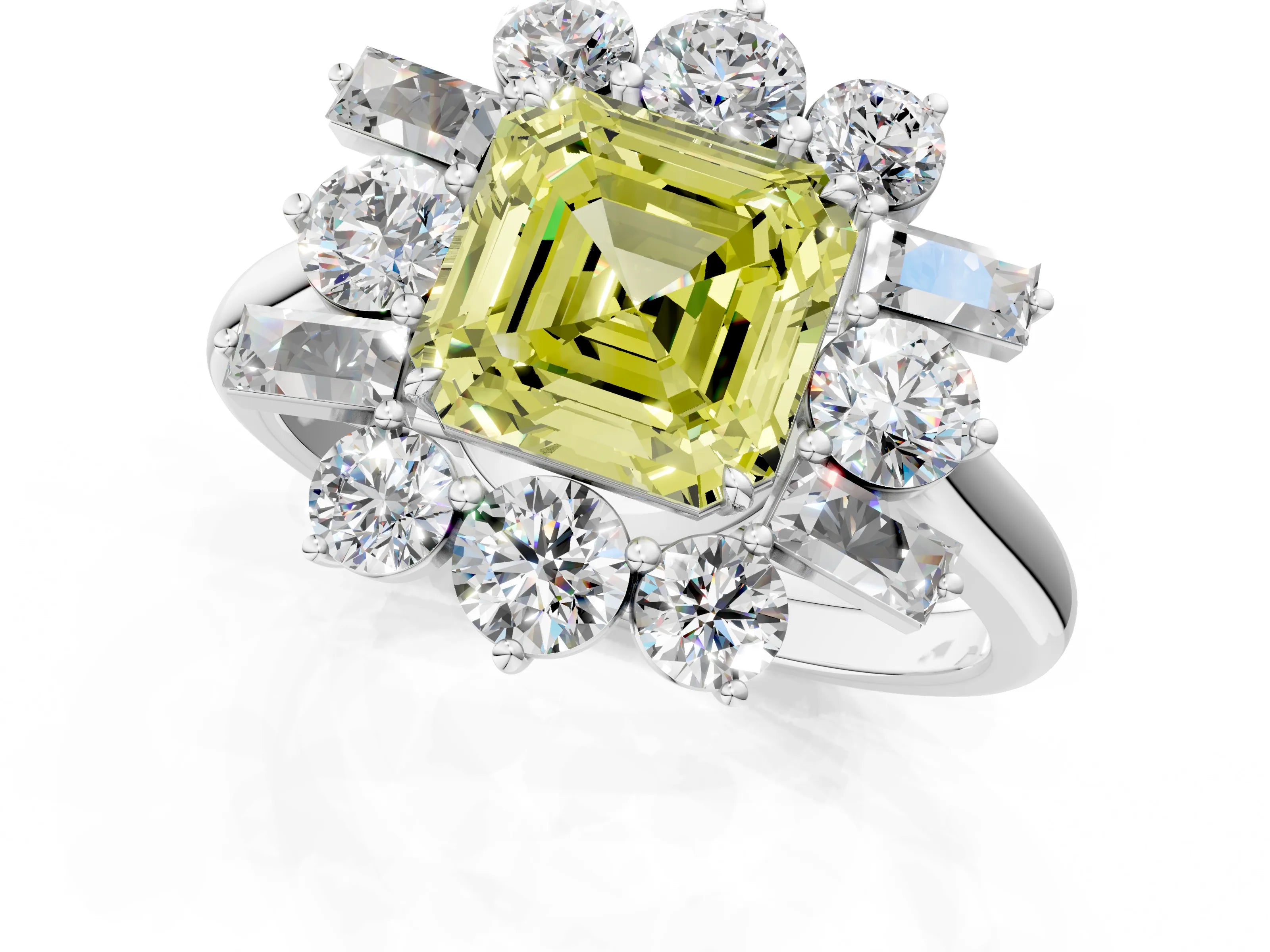 White gold Fancy Yellow Asscher Cut Diamond Cluster Ring with Round and Baguette Stones, Split Shank Band, Prong Setting_13