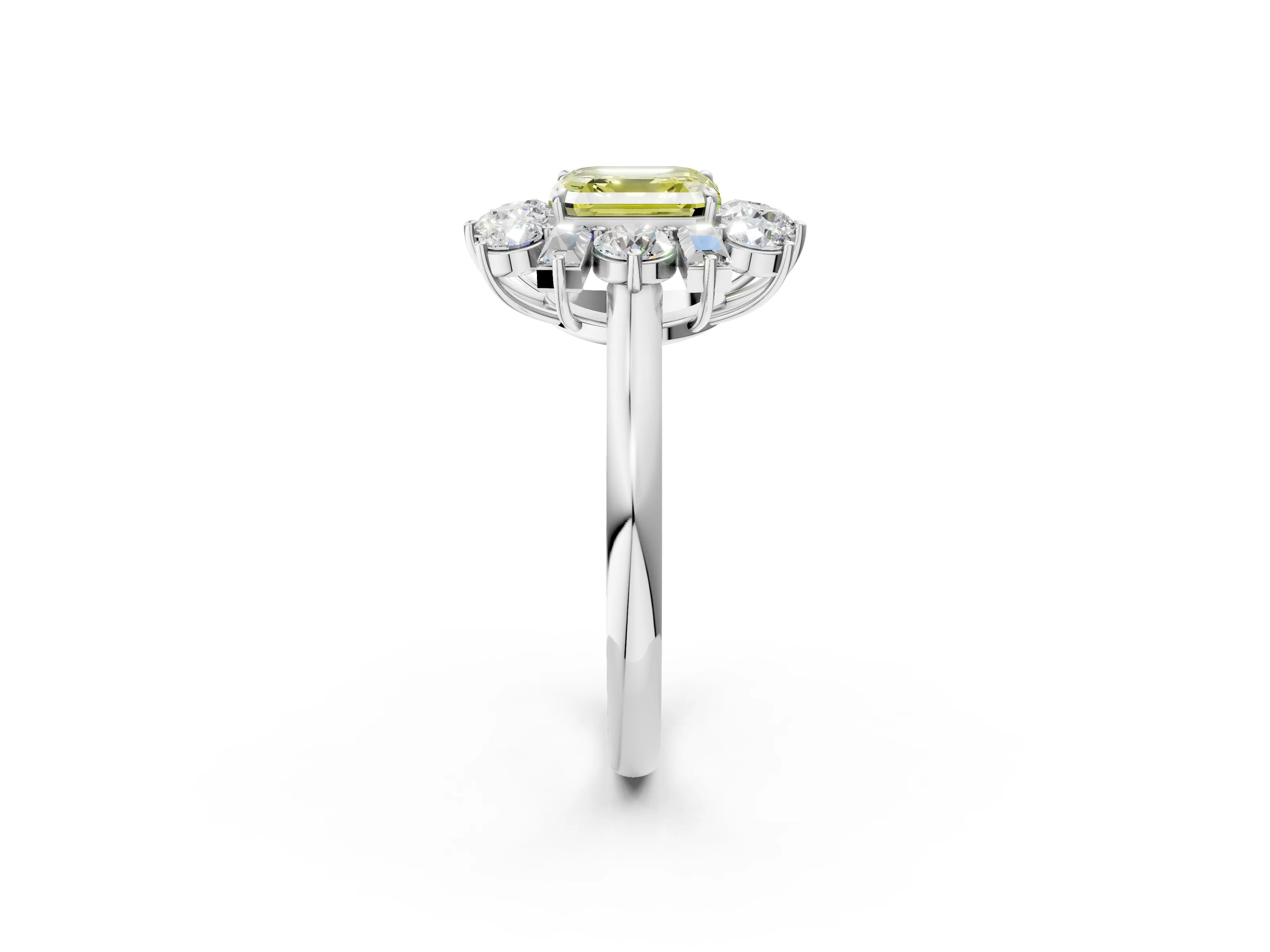 White gold Fancy Yellow Asscher Cut Diamond Cluster Ring with Round and Baguette Stones, Split Shank Band, Prong Setting_14
