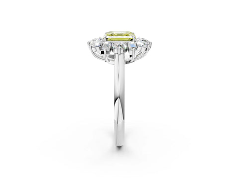 White gold Fancy Yellow Asscher Cut Diamond Cluster Ring with Round and Baguette Stones, Split Shank Band, Prong Setting_14