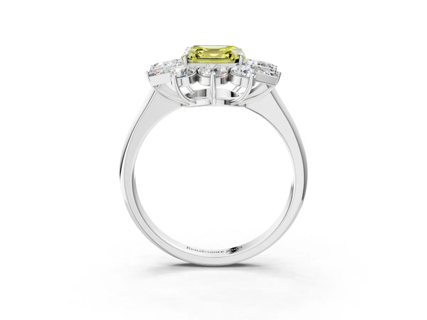 Platinum Fancy Yellow Asscher Cut Diamond Cluster Ring with Round and Baguette Stones, Split Shank Band, Prong Setting