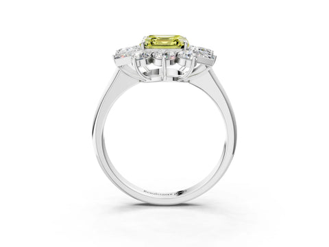 White gold Fancy Yellow Asscher Cut Diamond Cluster Ring with Round and Baguette Stones, Split Shank Band, Prong Setting_15