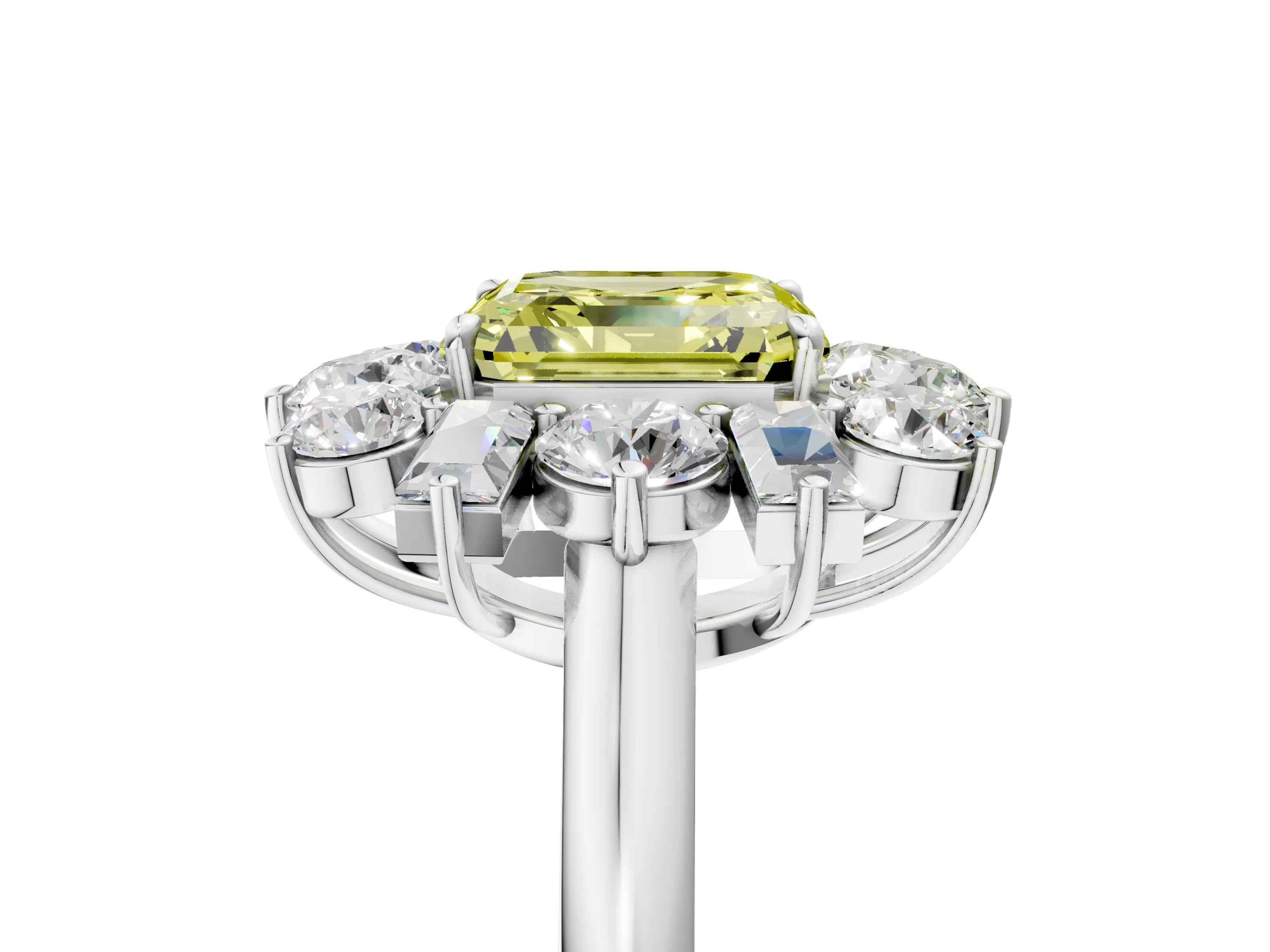 White gold Fancy Yellow Asscher Cut Diamond Cluster Ring with Round and Baguette Stones, Split Shank Band, Prong Setting_17