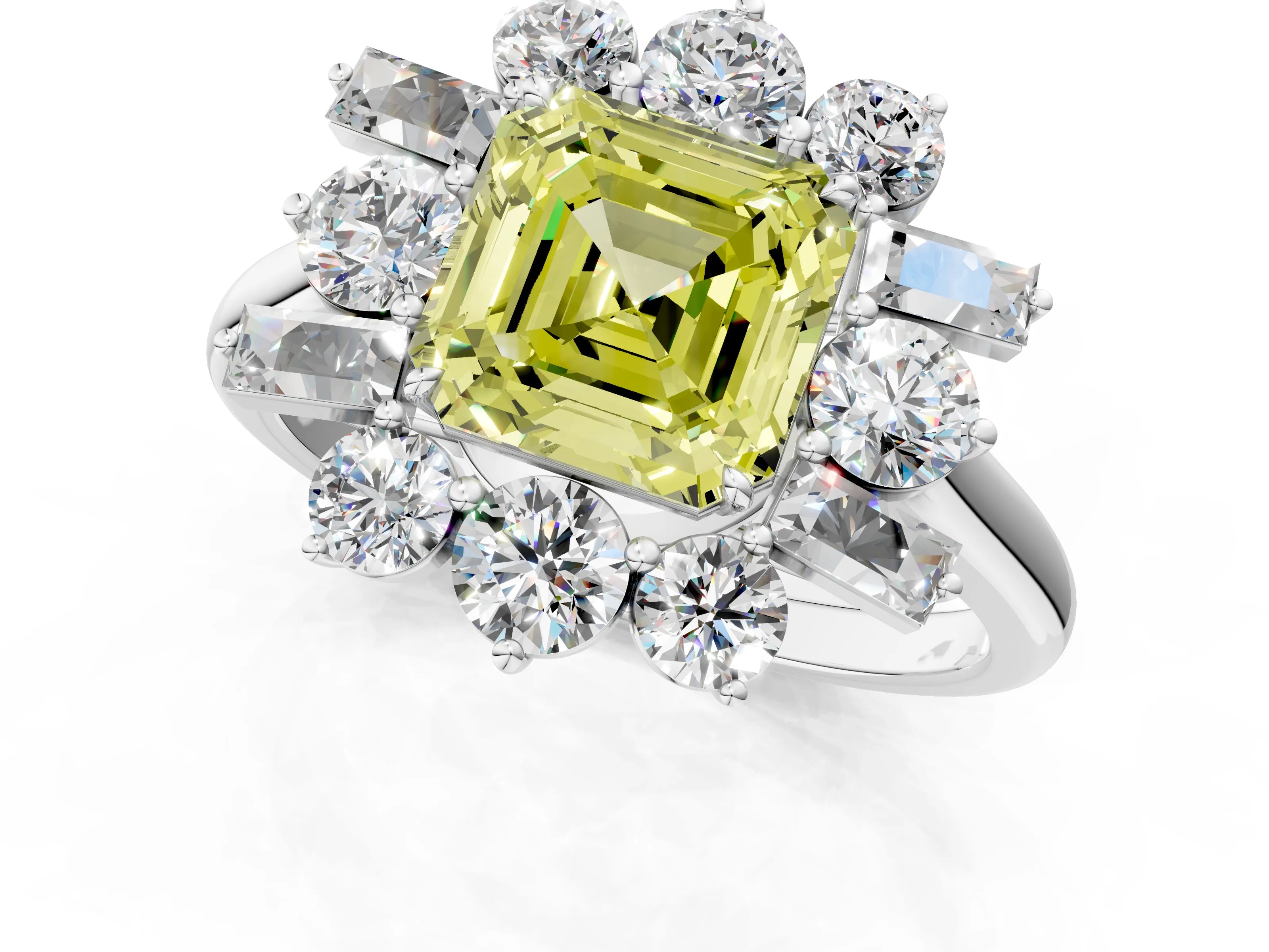 White gold Fancy Yellow Asscher Cut Diamond Cluster Ring with Round and Baguette Stones, Split Shank Band, Prong Setting_1