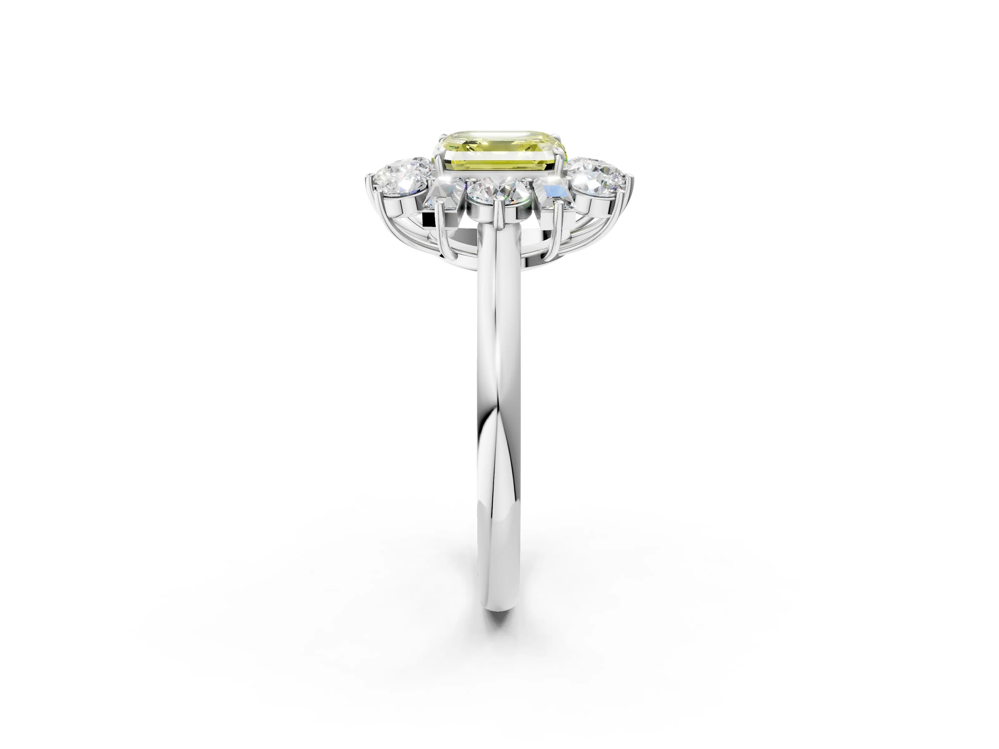 White gold Fancy Yellow Asscher Cut Diamond Cluster Ring with Round and Baguette Stones, Split Shank Band, Prong Setting_2