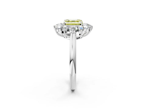 White gold Fancy Yellow Asscher Cut Diamond Cluster Ring with Round and Baguette Stones, Split Shank Band, Prong Setting_2