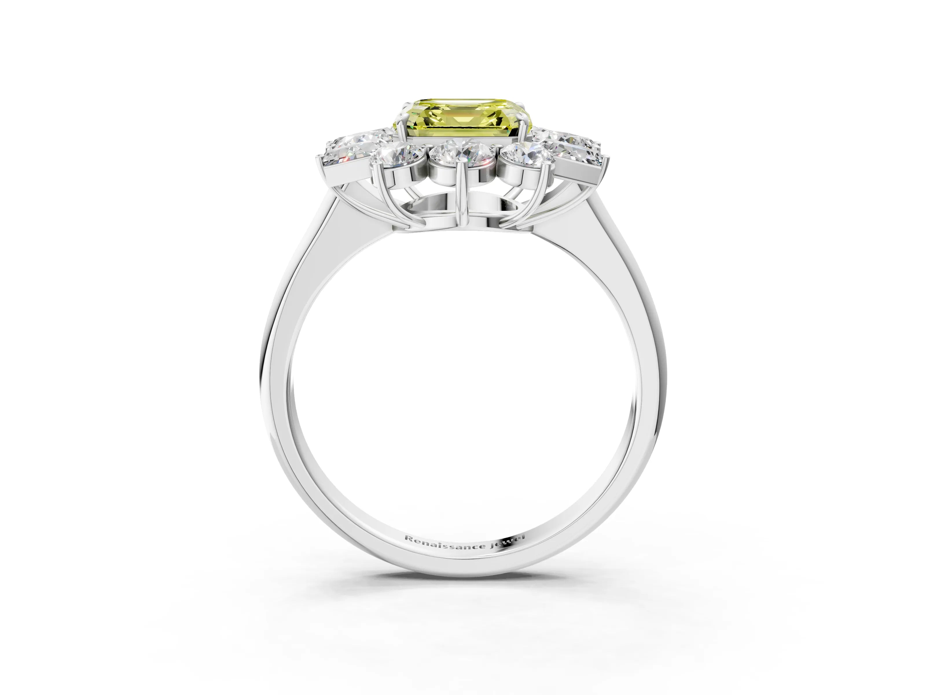 White gold Fancy Yellow Asscher Cut Diamond Cluster Ring with Round and Baguette Stones, Split Shank Band, Prong Setting_3