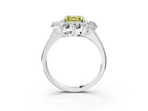 White gold Fancy Yellow Asscher Cut Diamond Cluster Ring with Round and Baguette Stones, Split Shank Band, Prong Setting_3
