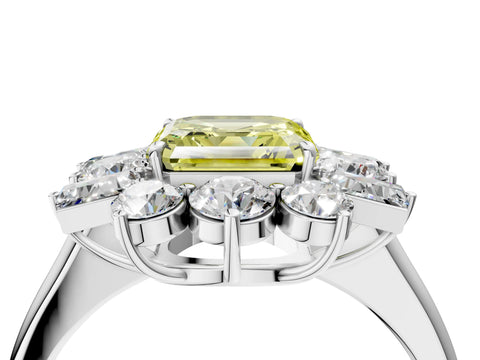White gold Fancy Yellow Asscher Cut Diamond Cluster Ring with Round and Baguette Stones, Split Shank Band, Prong Setting_4