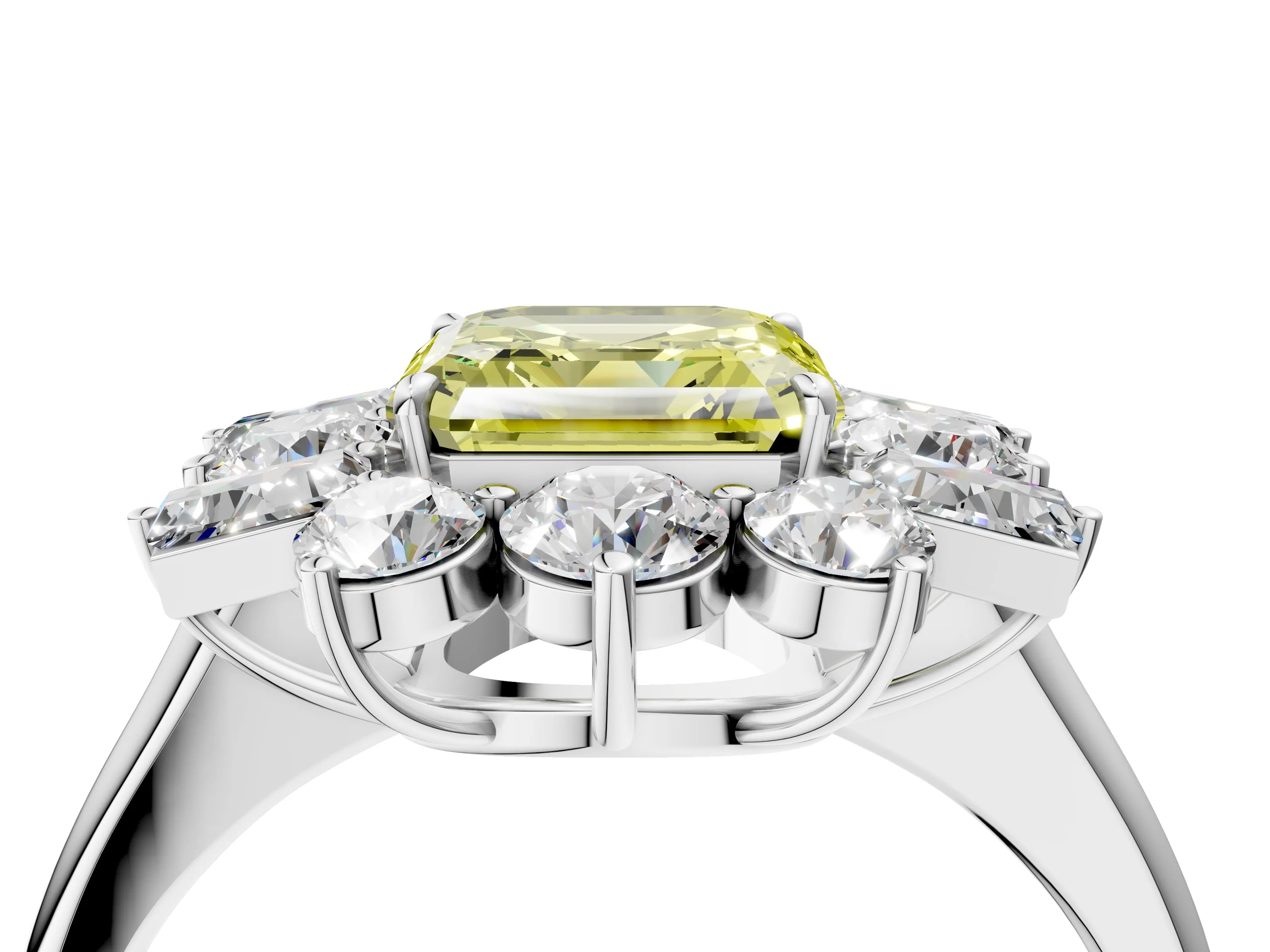 White gold Fancy Yellow Asscher Cut Diamond Cluster Ring with Round and Baguette Stones, Split Shank Band, Prong Setting_4