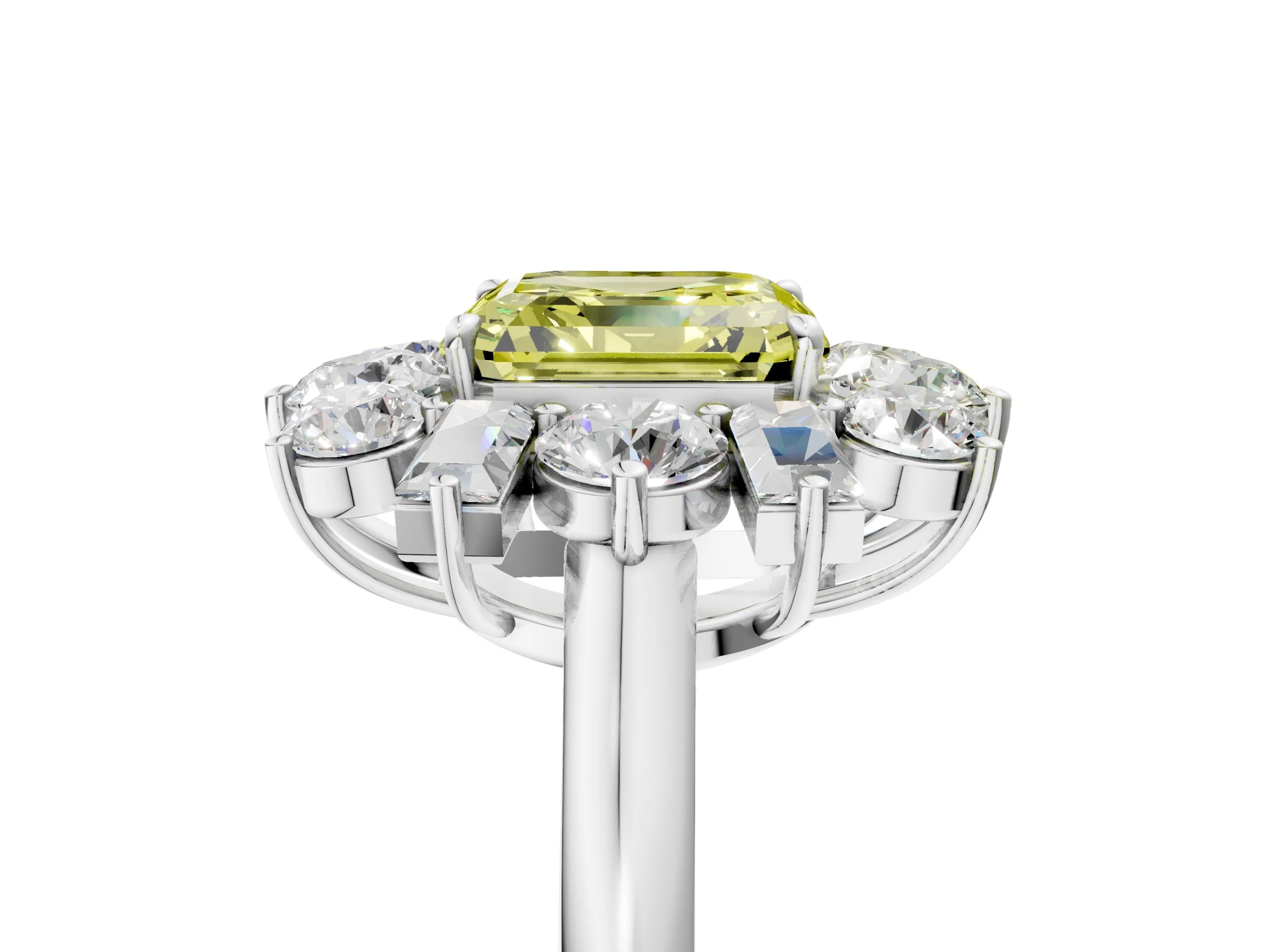 White gold Fancy Yellow Asscher Cut Diamond Cluster Ring with Round and Baguette Stones, Split Shank Band, Prong Setting_5