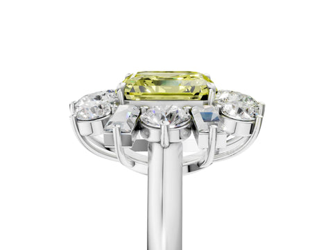 White gold Fancy Yellow Asscher Cut Diamond Cluster Ring with Round and Baguette Stones, Split Shank Band, Prong Setting_5