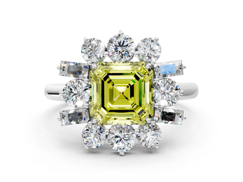 White gold Fancy Yellow Asscher Cut Diamond Cluster Ring with Round and Baguette Stones, Split Shank Band, Prong Setting