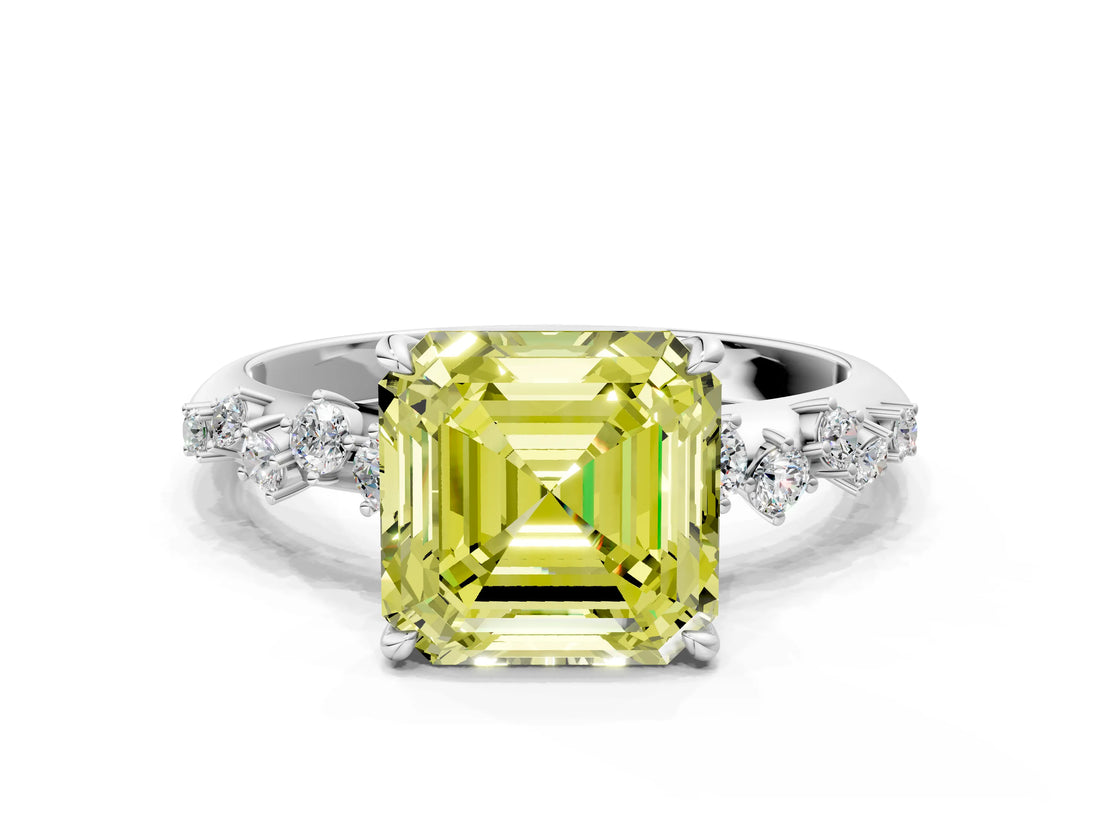 White gold Fancy Yellow Asscher Cut Diamond Cluster Side Stone Solitaire Ring with Prong Setting_123