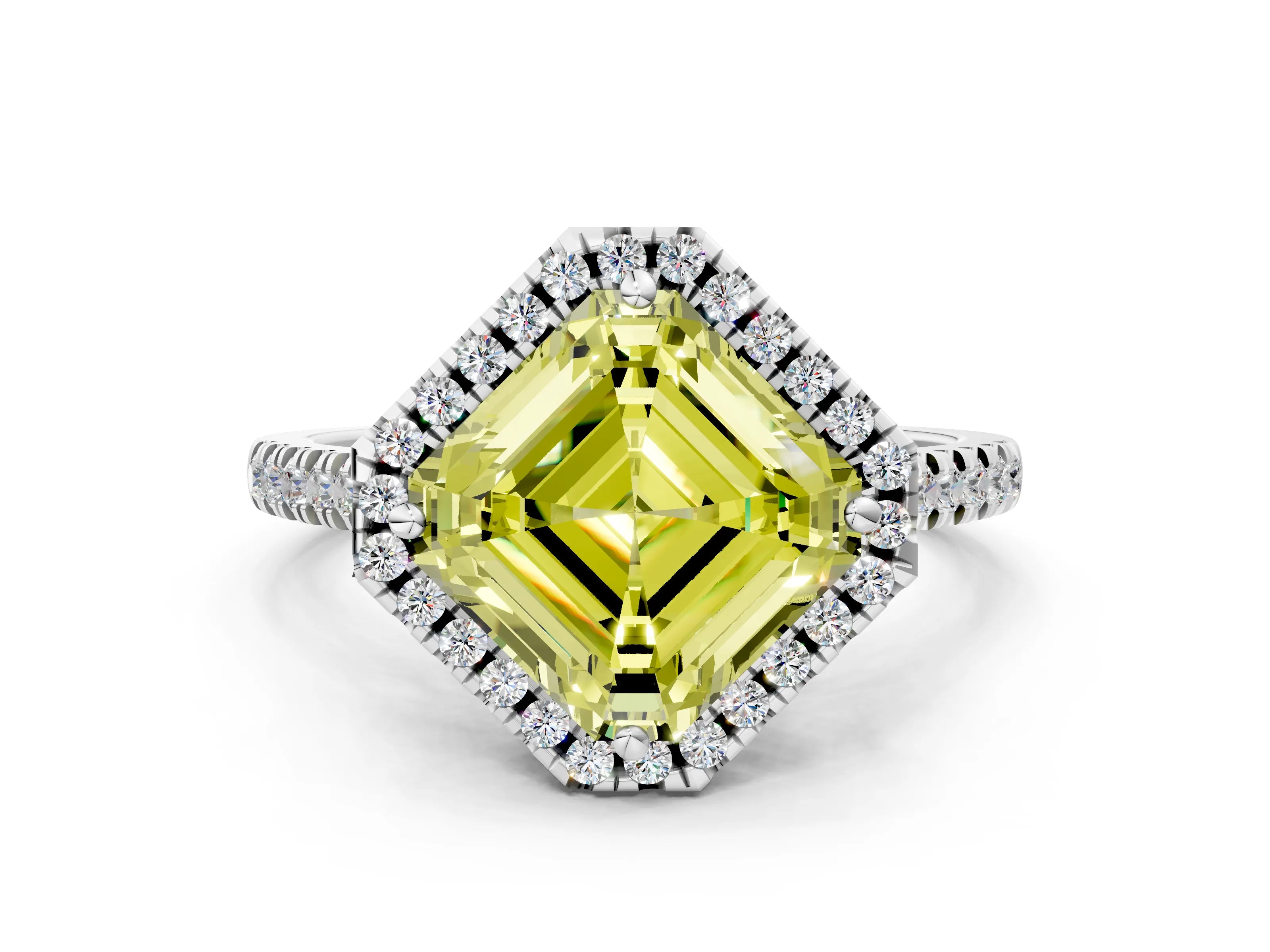 White gold Fancy Yellow Asscher Cut Diamond Cushion Halo Ring with Pavé Band