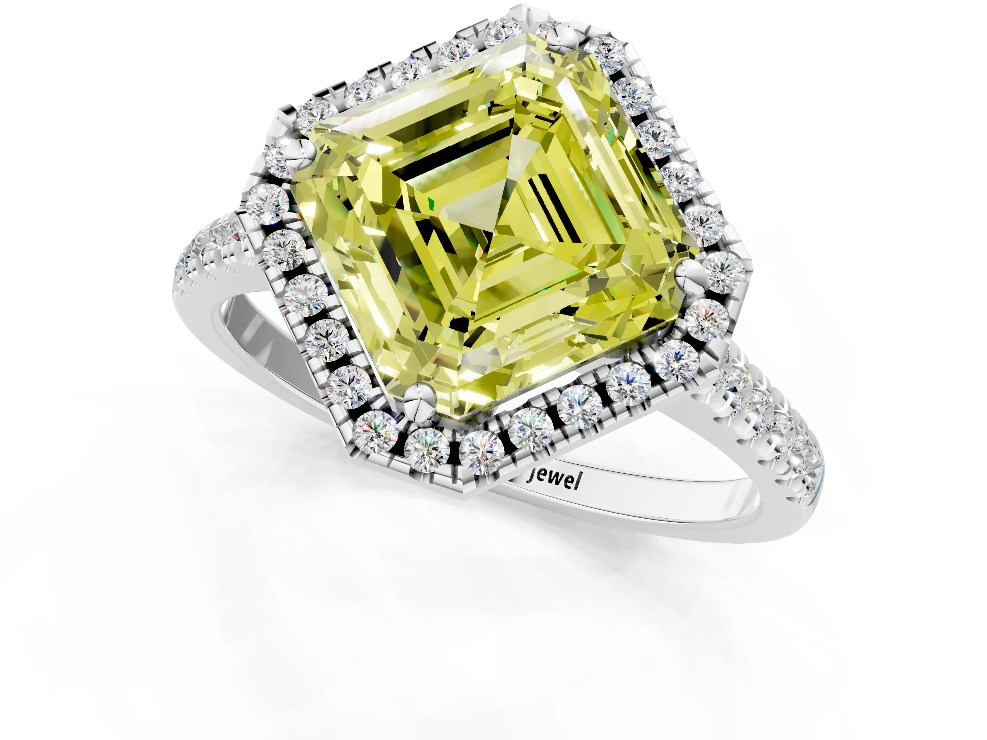 White gold Fancy Yellow Asscher Cut Diamond Cushion Halo Ring with Pavé Band_1
