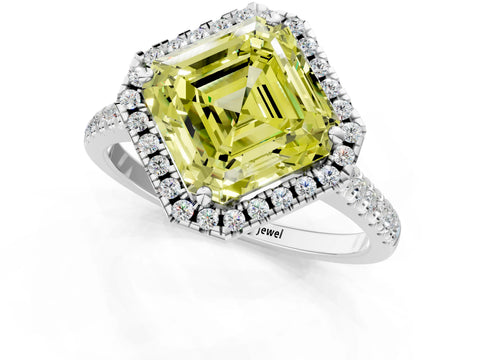 White gold Fancy Yellow Asscher Cut Diamond Cushion Halo Ring with Pavé Band_1