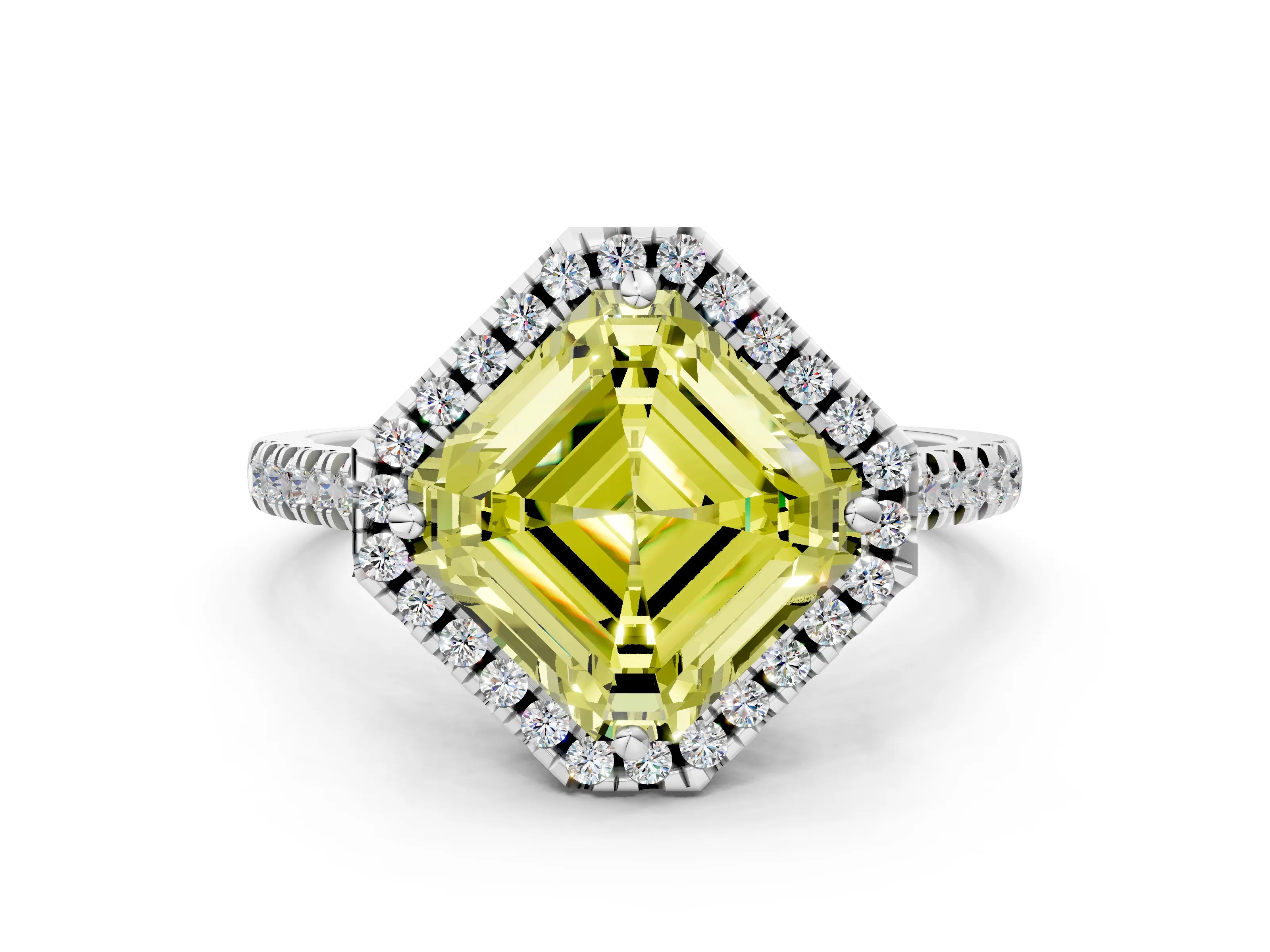 White gold Fancy Yellow Asscher Cut Diamond Cushion Halo Ring with Pavé Band_24