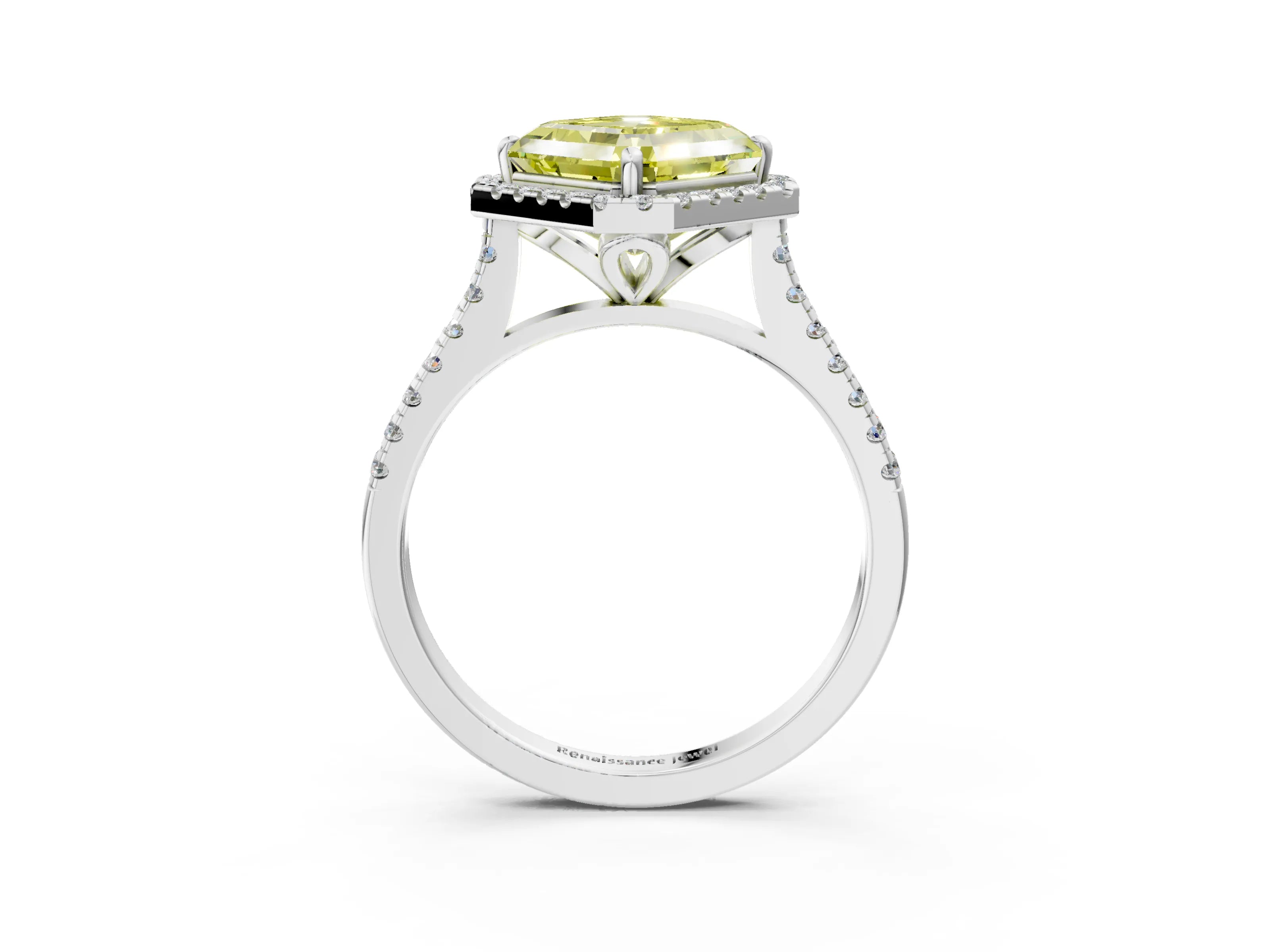 White gold Fancy Yellow Asscher Cut Diamond Cushion Halo Ring with Pavé Band_27