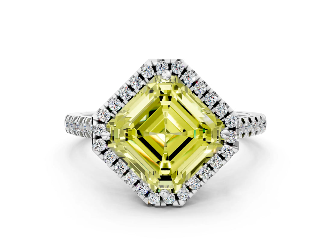White gold Fancy Yellow Asscher Cut Diamond Cushion Halo Ring with Pavé Band_30