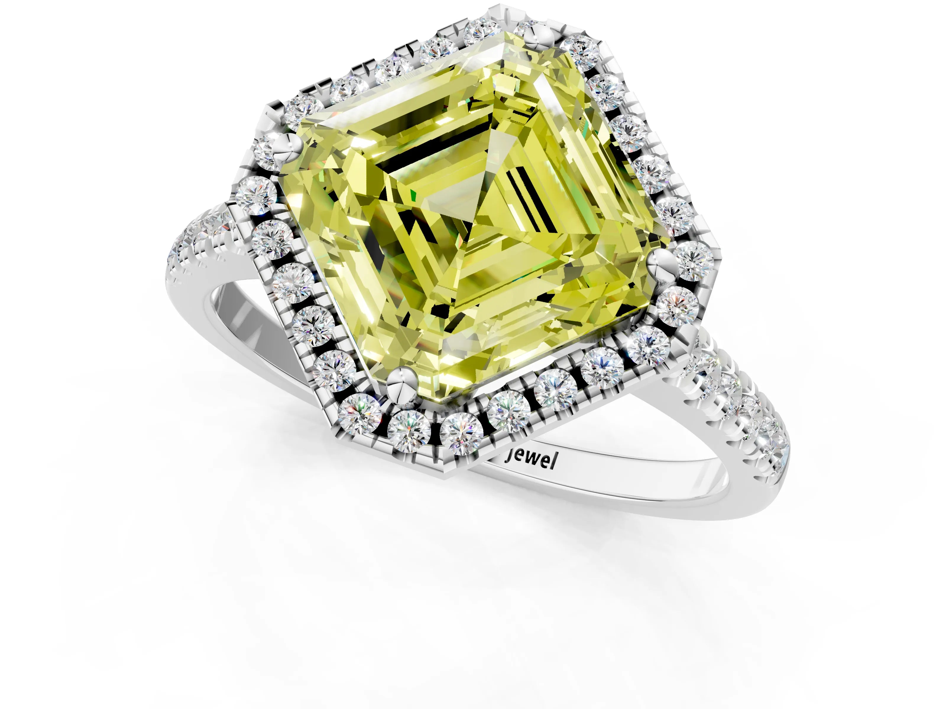 White gold Fancy Yellow Asscher Cut Diamond Cushion Halo Ring with Pavé Band_31