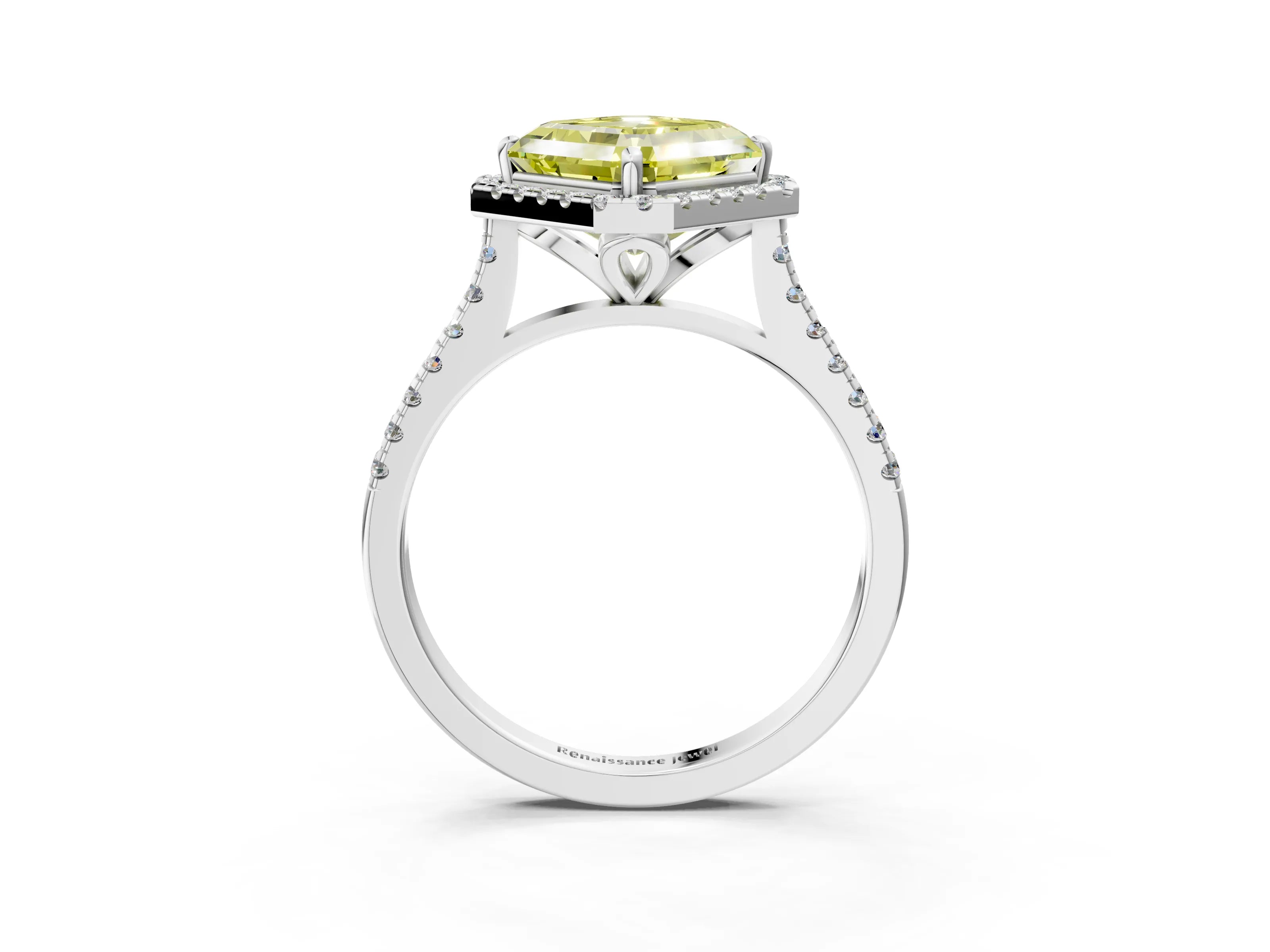 White gold Fancy Yellow Asscher Cut Diamond Cushion Halo Ring with Pavé Band_3