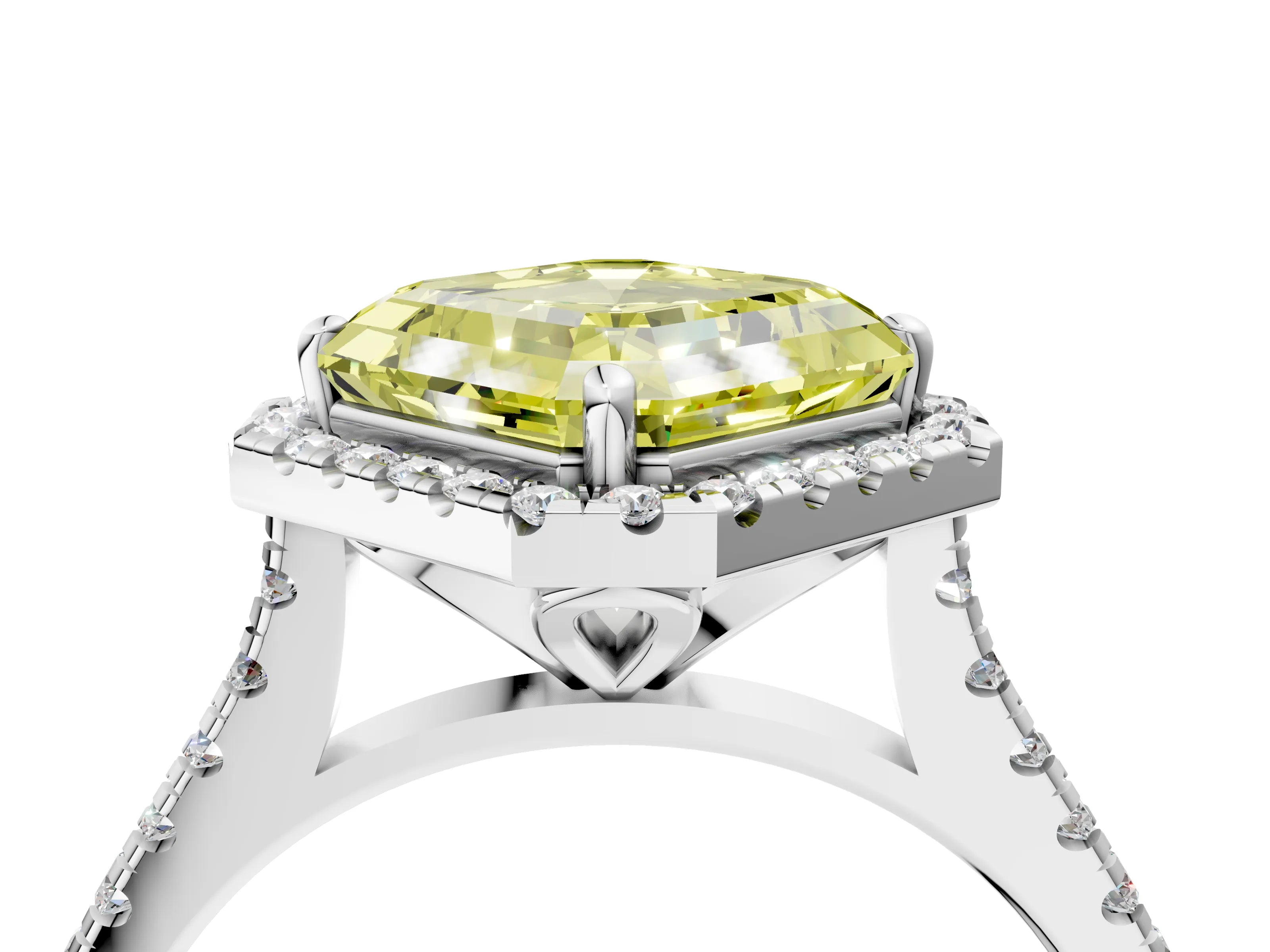 White gold Fancy Yellow Asscher Cut Diamond Cushion Halo Ring with Pavé Band_4