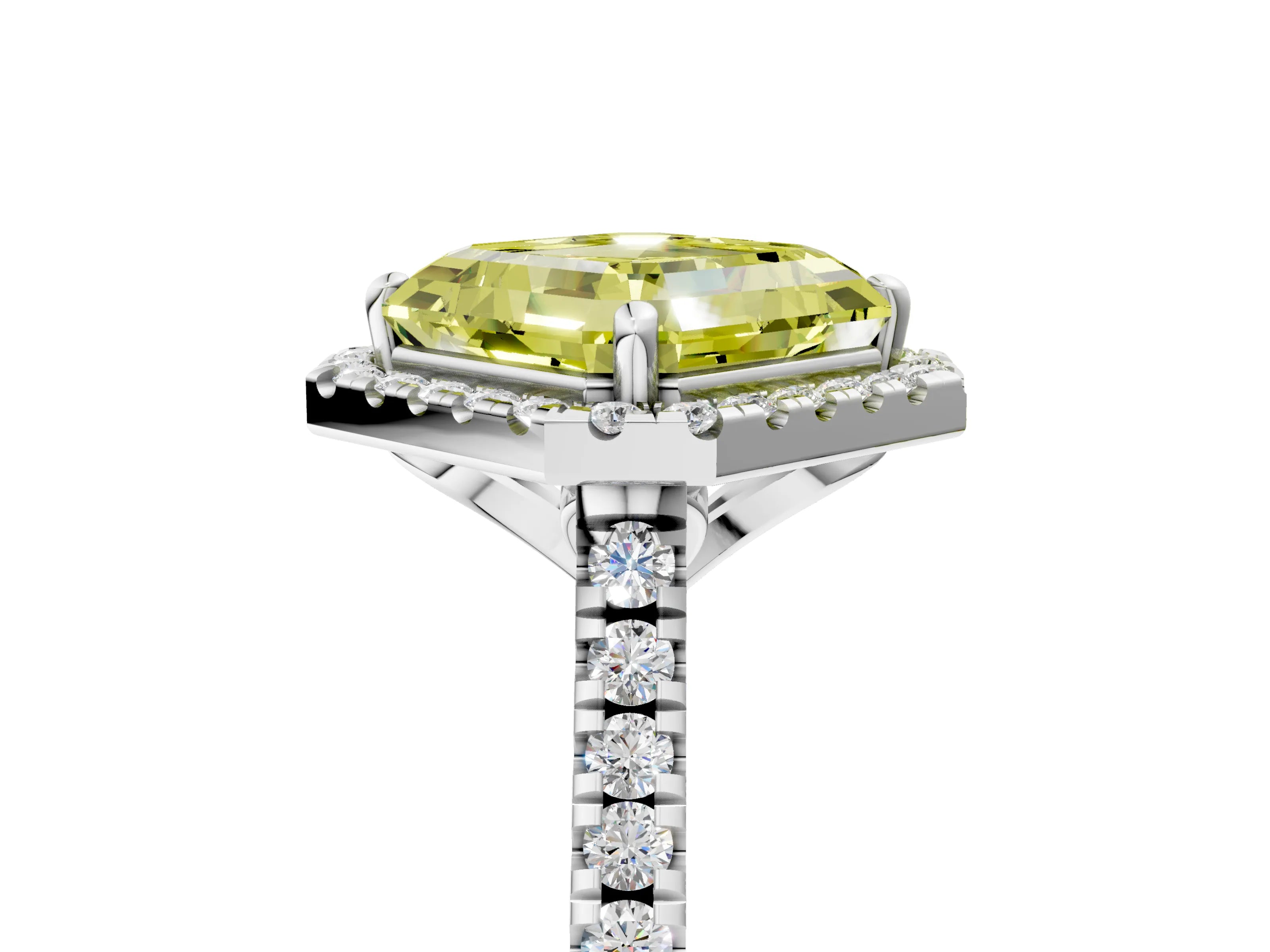 White gold Fancy Yellow Asscher Cut Diamond Cushion Halo Ring with Pavé Band_5