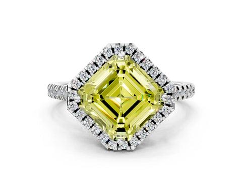 White gold Fancy Yellow Asscher Cut Diamond Cushion Halo Ring with Pavé Band