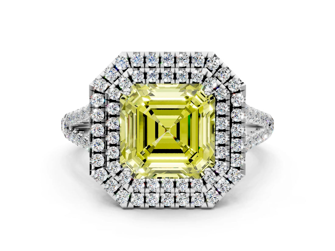 White gold Fancy Yellow Asscher Cut Diamond Double Halo Ring with Pavé Band and Prong Setting_51